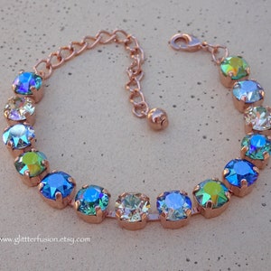 Mermaid Swarovski & Czech Crystal Rose Gold Statement Bracelet, Blue Crystal Bridesmaid Tennis Bracelet, Gift For Her, GlitterFusion Jewelry image 1