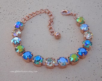 Mermaid Swarovski & Czech Crystal Rose Gold Statement Bracelet, Blue Crystal Bridesmaid Tennis Bracelet, Gift For Her, GlitterFusion Jewelry
