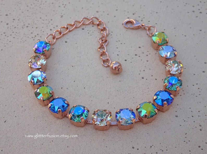 Mermaid Swarovski & Czech Crystal Rose Gold Statement Bracelet, Blue Crystal Bridesmaid Tennis Bracelet, Gift For Her, GlitterFusion Jewelry image 1