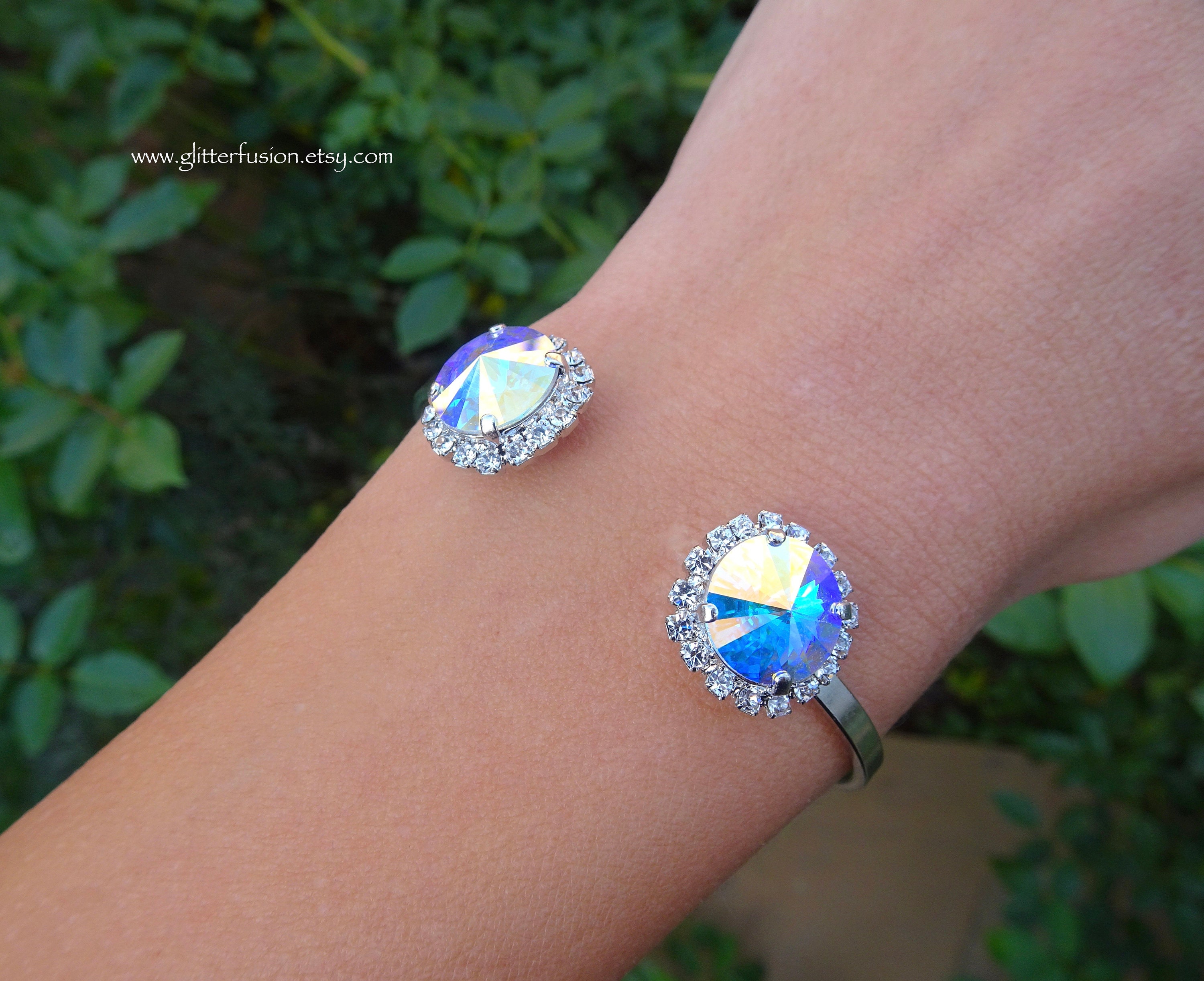Wide Crystal AB Rhinestone Bracelet 8 Row Stretch Elastic Silver Jewelry  Aurora | eBay