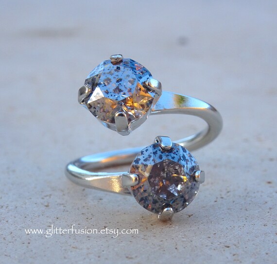 Silver Patina Swarovski Crystal Wrap Ring Gothic Vintage Inspired Two Stone Dark Bohemian Neutral Crystal Ring Glitter Fusion Jewelry