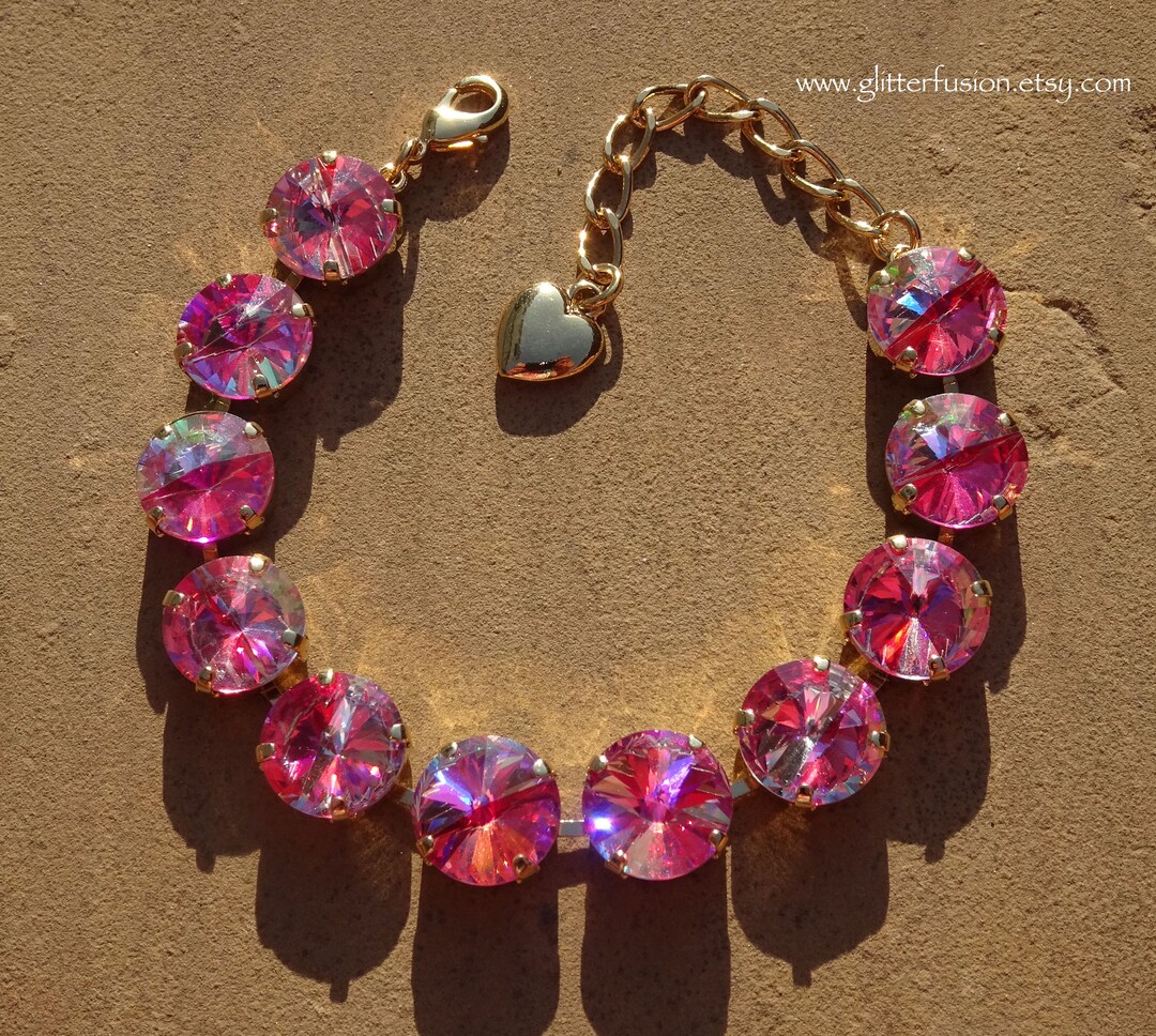 Raspberry Shimmer Czech Crystal Statement Bracelet, Big Pink