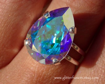 Aurora Borealis Swarovski Crystal Pear Shaped Statement Ring, Iridescent AB Rainbow Crystal Teardrop High Fashion Pageant Ring, Prom Ring