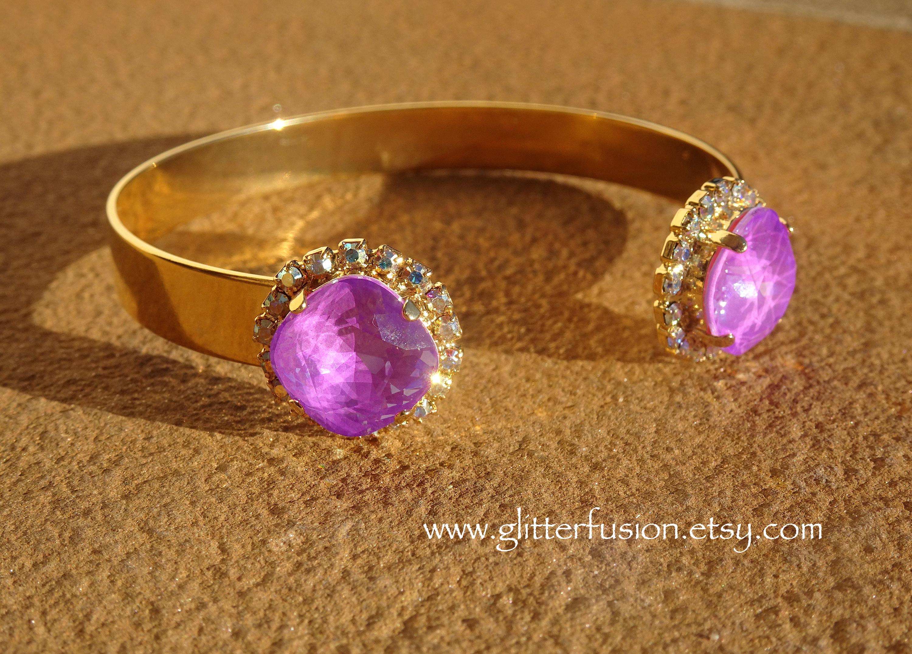 NEW COLOR! Neon Violet Swarovski Crystal Thin Gold Cuff Bangle