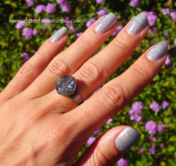 Silver Patina Swarovski Crystal Black Ring Band Statement Ring