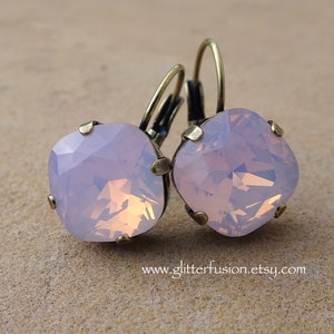 Rose Water Opal Swarovski Crystal Lever Back Earrings, 12mm Cushion Cut Pink Opal Crystal Earrings, Bridesmaid Earrings, Opalescent Earrings