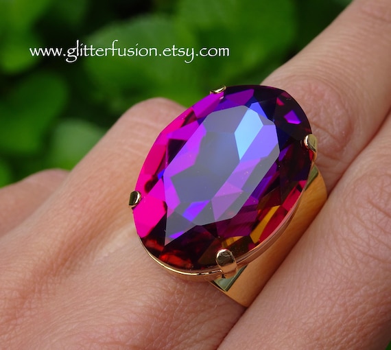 NEW! Volcano Sunset Czech Crystal Gold Wide Band Statement Ring