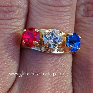 Red White & Blue Swarovski Crystal Statement Ring, Light Siam Clear and Sapphire Three Stone Patriotic Crystal Ring, Glitter Fusion Jewelry
