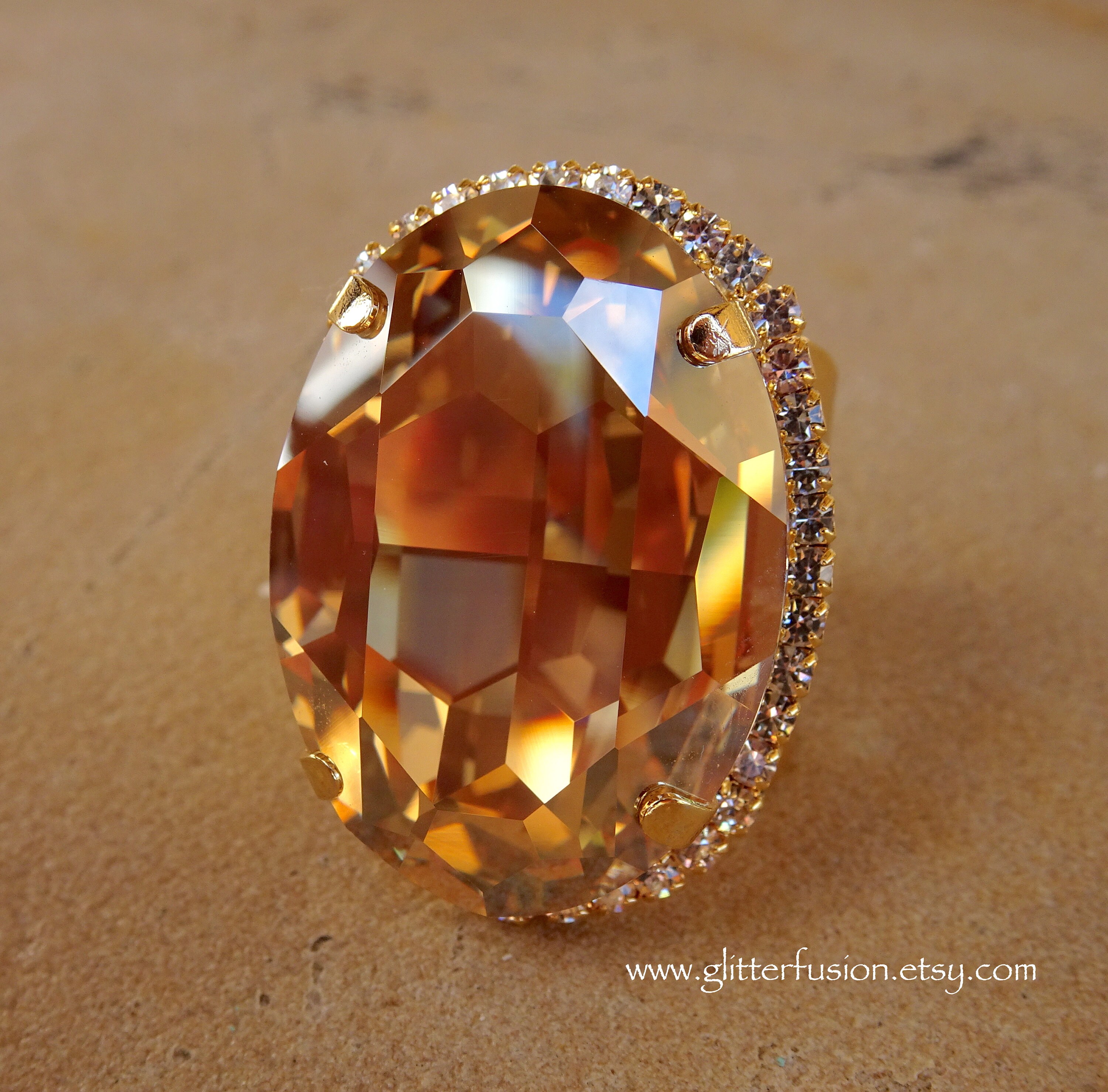 Pageant Rings Huge Golden Shadow Swarovski Oval Crystal Statement Ring,glam Crystal ...