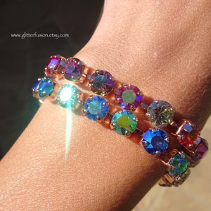 Mermaid Swarovski & Czech Crystal Rose Gold Statement Bracelet, Blue Crystal Bridesmaid Tennis Bracelet, Gift For Her, GlitterFusion Jewelry image 3