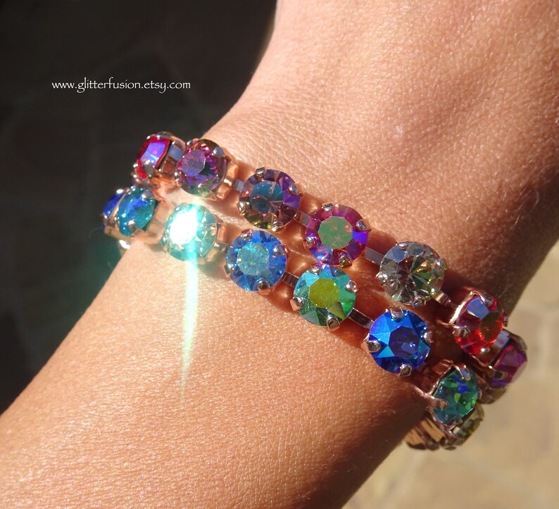 Mermaid Swarovski & Czech Crystal Rose Gold Statement Bracelet, Blue Crystal Bridesmaid Tennis Bracelet, Gift For Her, GlitterFusion Jewelry image 3