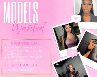 以下が含まれることがあります： ピンクと白のグラフィックで、「MODELS Wanted」というテキストが白とピンクで書かれています。グラフィックには、モデルの要件と特典のリストも含まれています。グラフィックには、さまざまなヘアスタイルの女性の写真がいくつか表示されています。