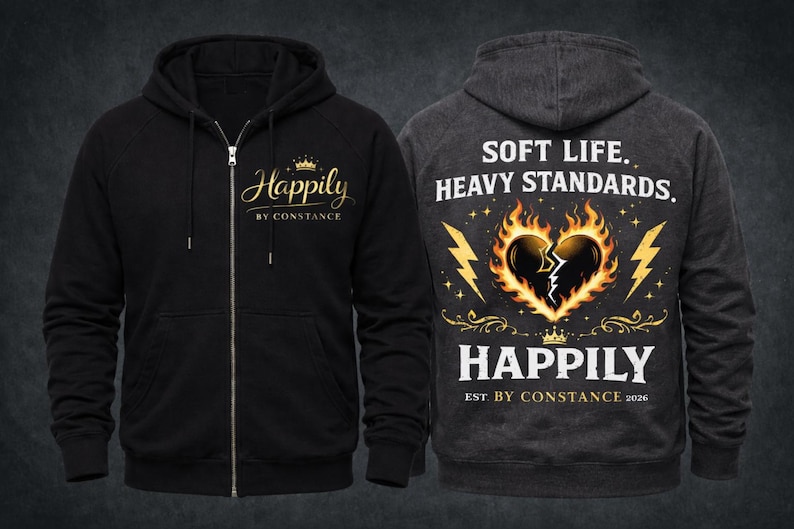 Puede incluir: Sudadera con capucha negra con cremallera y texto dorado &laquo;Happily by Constance&raquo; y una corona. La parte trasera de la sudadera gris oscuro presenta un coraz&oacute;n roto en llamas, rayos y las palabras &laquo;Soft Life, Heavy Standards&raquo;.