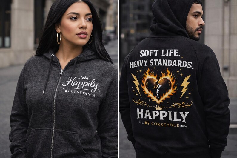 Puede incluir: Sudadera con capucha con cremallera gris carb&oacute;n con la palabra "Happily" en cursiva y el texto "BY CONSTANCE" debajo. La parte trasera de una sudadera con capucha negra presenta un dise&ntilde;o de coraz&oacute;n roto con llamas y rayos, y el texto "SOFT LIFE. HEAVY STANDARDS."
