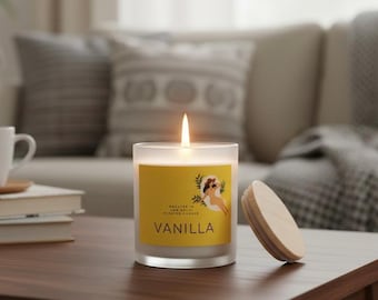 Vela con aroma a vainilla: cera vegana, mecha de madera, duración de 50 horas