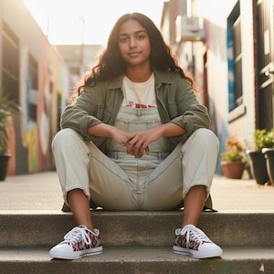 Puede incluir: Una persona con una chaqueta verde, un mono de color claro y una camiseta blanca. La persona est&aacute; sentada en escalones de hormig&oacute;n y lleva zapatillas blancas con un estampado rojo y negro.