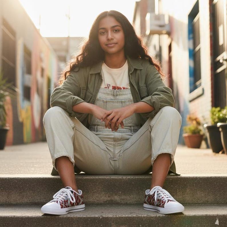 Puede incluir: Una persona con una chaqueta verde, un mono de color claro y una camiseta blanca. La persona est&aacute; sentada en escalones de hormig&oacute;n y lleva zapatillas blancas con un estampado rojo y negro.