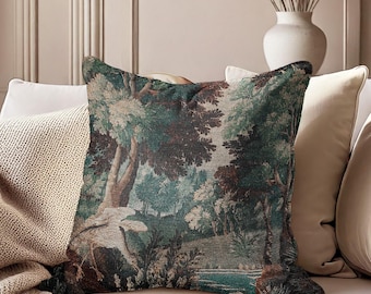 Tapestry Forest Woven Pillow, Verdure Teal Pillow, Green Beige Pillow, French Aubusson Cushion, Floral Antique Pillow, Blue Tapestry Pillow