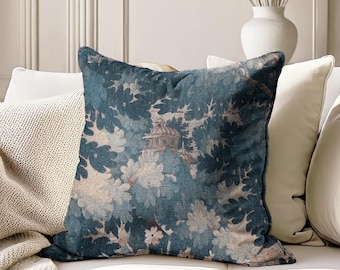 Blue Verdure Forest Leaves Tapestry Pillow, Woven Teal Beige Aubusson Pillow, French Garden Tapestry, Antique Floral Botanical Pillow