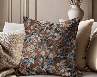 Tan Floral Woven Pillow, Antique Vintage Floral Pillow, Brown Blue Beige Pillow, Jacquard Pillow, Tapestry Floral Pillow, Earthy Tone Pillow