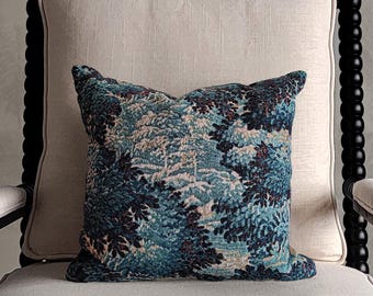 Blue Teal Verdure Tapestry Woven Pillow, Aubusson Blue Beige Pillow, Antique French Navy Tapestry Cushion, Cool Dark Forest Vintage Pillow