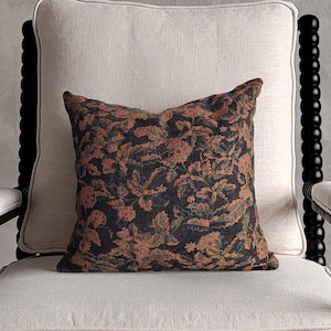 Dark Floral Woven Tapestry Pillow: Antique Vintage Floral Pillow, Olive Rust Tan Jacquard Pillow, Tapestry Floral Pillow, Earthy Tone Pillow