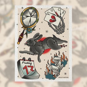 May include: A vintage style tattoo flash sheet with a black rabbit, a broken heart playing card, a calendar with the date Friday 13th, a hand mirror, and two dice with the words "Tough Luck" on them.