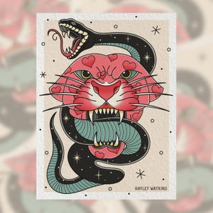 May include: A tattoo-style illustration featuring a pink panther head with heart-shaped markings, intertwined with a black snake. The snake's tongue is extended, and the panther has sharp teeth. The artwork is set against a cream background with the artist's name, Hayley Watkins.