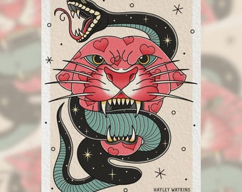 May include: A tattoo-style illustration featuring a pink panther head with heart-shaped markings, intertwined with a black snake. The snake's tongue is extended, and the panther has sharp teeth. The artwork is set against a cream background with the artist's name, Hayley Watkins.