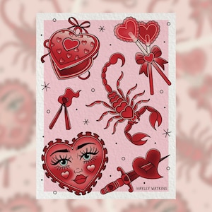 May include: A collection of red Valentine's Day-themed illustrations on a pink background. The designs include a heart-shaped box, a scorpion with a heart, heart-shaped lollipops, a heart-faced character, and a dagger through a heart. The artist's name, Hayley Watkins, is visible.