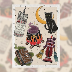 May include: A vintage-style illustration featuring a black cat on a crescent moon, a bubbling cauldron, a spell book, a broom, and a candle with the text "IT'S JUST A BUNCH OF HOCUS POCUS". The artwork has a witchy theme with a beige background.