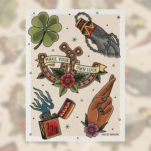 May include: A vintage style illustration of good luck charms, including a four-leaf clover, a horseshoe, a rabbit's foot, a lighter, and a hand with crossed fingers. The horseshoe has the text "Make your own luck" on it.