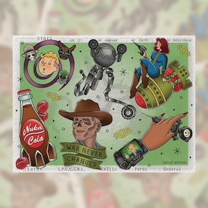 May include: A colorful illustration of Fallout themed tattoo designs. The designs include a bottle of Nuka Cola, a robot, a bomb, a cowboy, and a Pip-Boy. The text "War Never Changes" is included in the design.