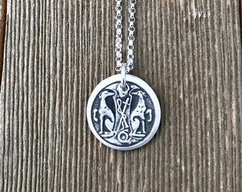 Greyhound Crest Pendant Necklace - Small - Two Greyhounds - Fine & Sterling Silver - Victorian Vintage Antique - Rolo Chain - Made to Order