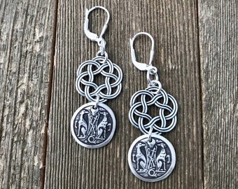 Greyhound Crest Celtic Knot Earrings - Sterling Silver - Two Greyhounds - Vintage Antique Victorian - Leverback Lever Back - Made to Order