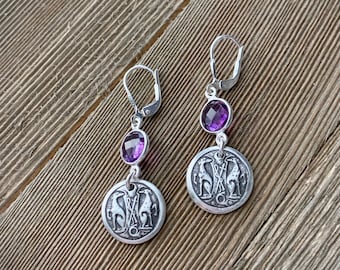 Greyhound Crest Amethyst Dangle Celtic Earrings - Sterling Silver - Two Greyhounds - Vintage Antique Victorian - Leverback - Made to Order