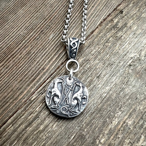 Greyhounds Crest Pendant Necklace - Sterling Silver Fine Thick Rolo Chain Victorian Antique Vintage - Two Greyhounds - Made to Order