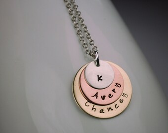 Custom Personalized 3 Disc Mixed Metal Handstamped Necklace - Pendant on Sterling Silver Cable Chain - Made to Order