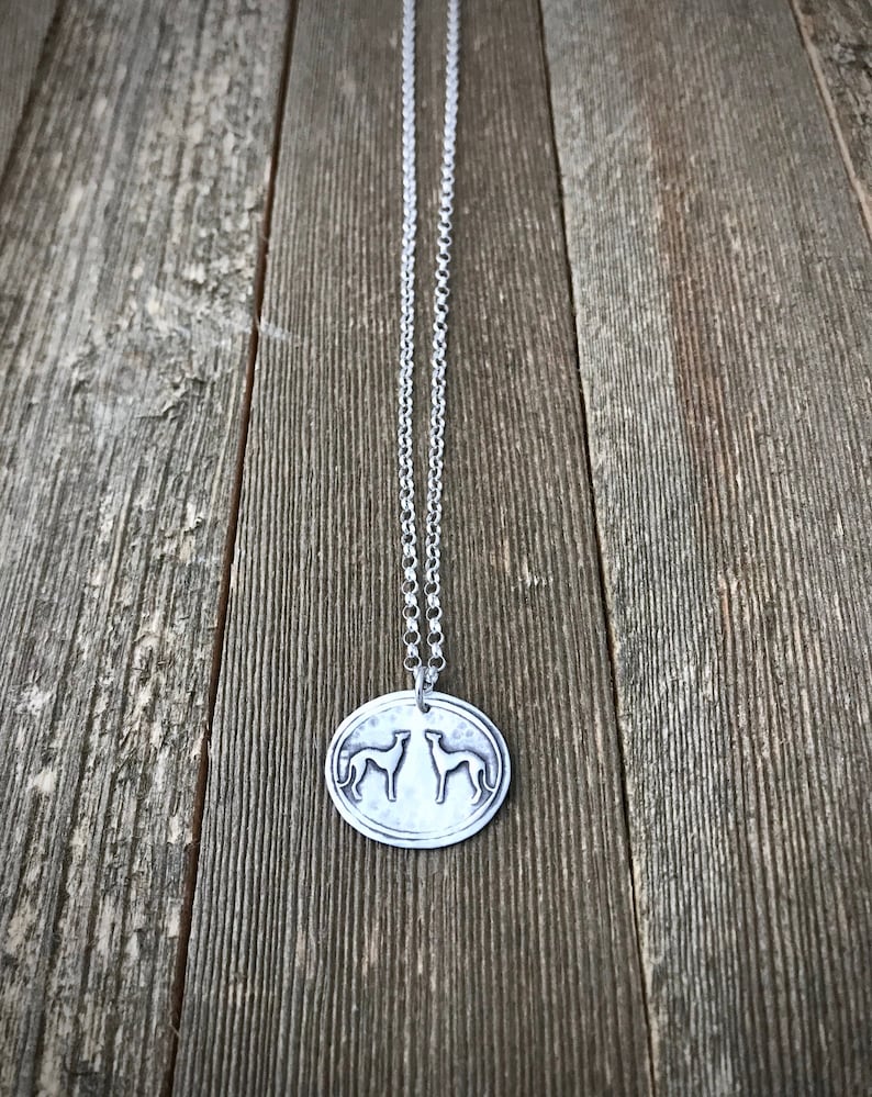 Two of a Kind Greyhound Pendant Necklace Small Fine & Sterling Silver Two Greyhounds Rolo Chain Made to Order image 1