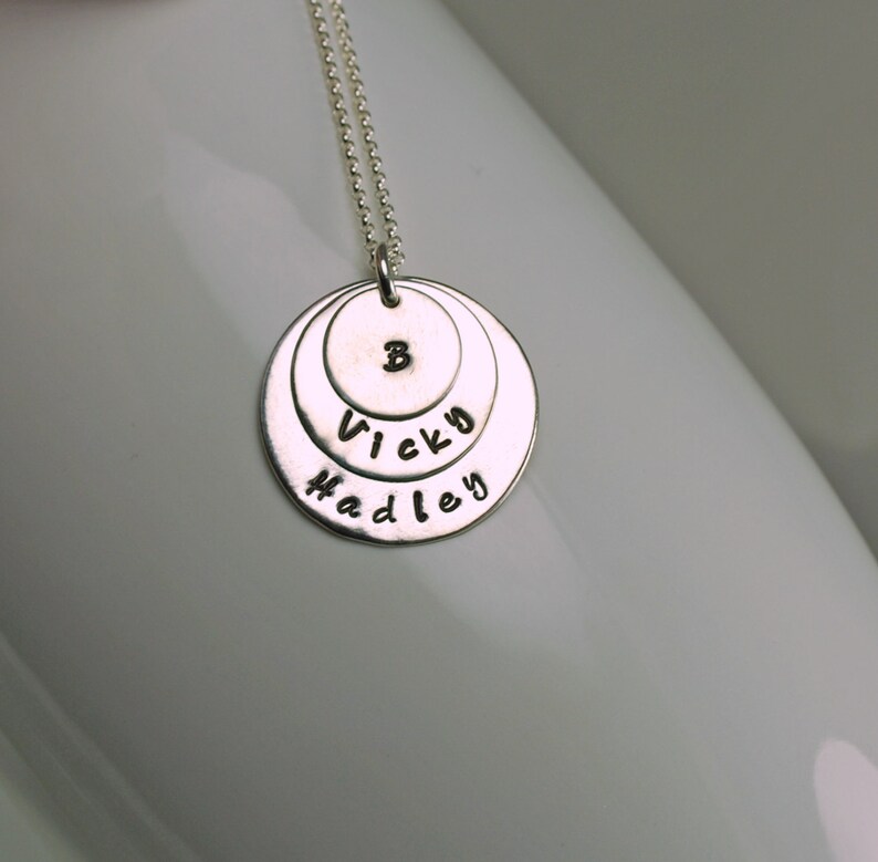 Custom Personalized 3 Disc Sterling Silver Handstamped Necklace Pendant on Sterling Silver Chain Made to Order image 2