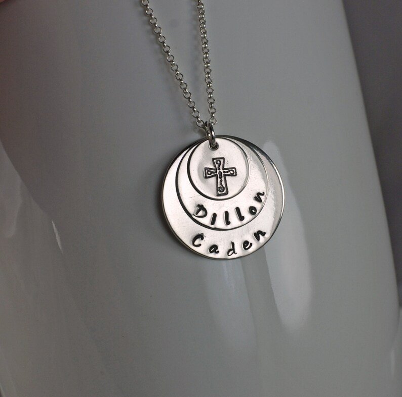 Custom Personalized 3 Disc Sterling Silver Handstamped Necklace Pendant on Sterling Silver Chain Made to Order image 1
