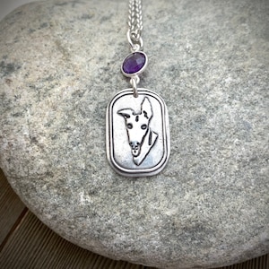 What&#39;s Up? - Greyhound Amethyst Medium-Large Dangle Pendant - Sterling Silver - Necklace Charm - Heavy Thick Chain - Made to Order