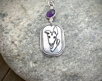 What's Up? - Greyhound Amethyst Medium-Large Dangle Pendant - Sterling Silver - Necklace Charm - Heavy Thick Chain - Made to Order