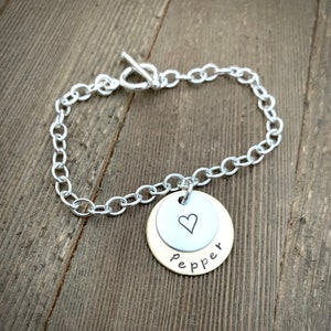 Custom Personalized Larger 2 Disc Mixed Metal Handstamped Charm on Sterling Silver Bracelet - Made to Order