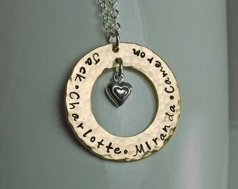 Custom Personalized Handstamped Brass and Sterling Silver Necklace Heart - Made to Order