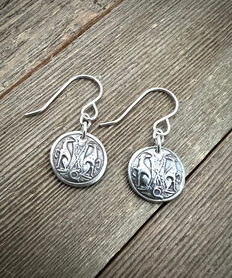 Greyhound Crest Earrings Sterling Silver Two Greyhounds Vintage Antique Victorian Hook Post Leverback Made to Order image 1