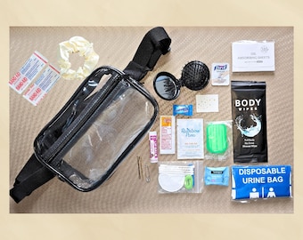 Survivalkit voor festivals met doorzichtige clutch: concertbenodigdheden