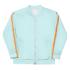 May include: A light blue bomber jacket with a full-length zipper and two orange stripes down the sleeves. The jacket has a white interior and two front pockets. The jacket is a lightweight, casual outerwear garment.