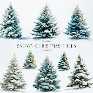 May include: A collection of 15 PNG images of snowy Christmas trees. The trees vary in size and shape, with green needles and white snow covering the branches. The text "SNOWY CHRISTMAS TREES" and "CLIPART" is displayed.
