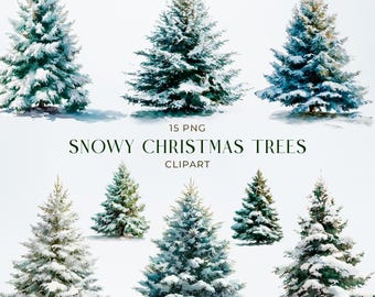 May include: A collection of 15 PNG images of snowy Christmas trees. The trees vary in size and shape, with green needles and white snow covering the branches. The text "SNOWY CHRISTMAS TREES" and "CLIPART" is displayed.